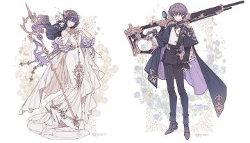 black hair blue eyes brown eyes brown hair cape chain choker dress flowers gun lemon89h long hair male original short hair signed staff weapon white