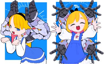 2girls blonde hair blue eyes blush bow dress headband iwako (eiken3kyuboy) loli long hair mechagirl original short hair signed