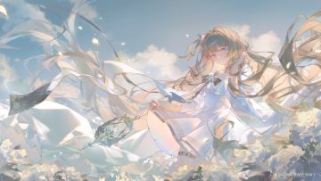 blackmeow blue eyes bow brown hair choker clouds counter:side flat chest flowers garter long hair petals ponytail sky solovey (counter:side)