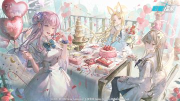 animal ears blonde hair blue archive bow brown eyes brown hair cake cape dress drink flowers food foxgirl fruit halo kirifuji nagisa logo long hair misono mika pantyhose petals pink hair rose strawberry tamaki (tamaki599) valentine wings yellow eyes yurizono seia