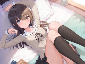 ale nqki bed blue eyes blush book breasts brown hair cameltoe cleavage long hair original panties school uniform skirt lift underwear