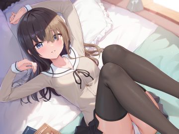 ale nqki bed blue eyes blush book breasts brown hair cameltoe cleavage long hair original panties school uniform skirt lift thighhighs underwear