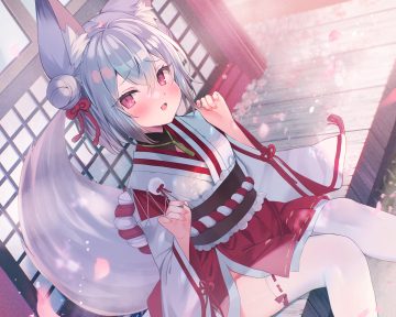 animal ears blush cherry blossoms ebihara beniko flowers foxgirl gray hair japanese clothes miko original petals red eyes short hair tail thighhighs