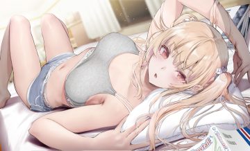 barefoot bed blonde hair blush book close gentsuki long hair navel original red eyes shorts sketch sports bra twintails