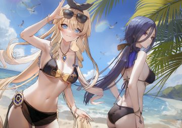 2girls animal ass beach bikini bird blonde hair blue eyes bow clorinde (genshin impact) clouds genshin impact hanato (seonoaiko) long hair navel navia (genshin impact) necklace ponytail purple eyes purple hair ribbons sky sunglasses swimsuit water wristwear
