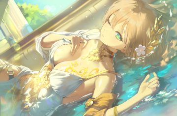aglaea (honkai: star rail) aqua eyes blonde hair breast hold breasts choker cleavage dress garter headdress honkai (series) honkai: star rail ori (0rizuru) short hair tattoo water wink
