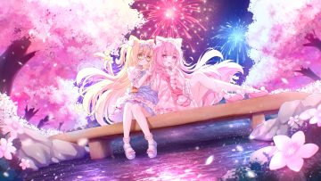 2girls aliasing animal ears bandage bell blush candy catgirl cherry blossoms collar dress fireworks flowers glasses green eyes headdress loli lolita fashion lollipop long hair night petals pink eyes pink hair sky socks tail tree water wristwear yottacc