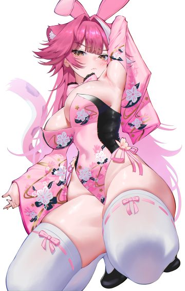 himeliofon hololive hololive english raora panthera animal ears bunny ears bunny girl japanese clothes no bra tail thighhighs