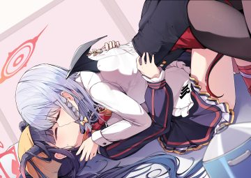 2girls aikiyo fuuka apron black hair blue archive braids ddangbi dress gray hair halo headdress horns hug kiss kneehighs kurodate haruna long hair pantyhose school uniform shirt skirt tail wings yuri