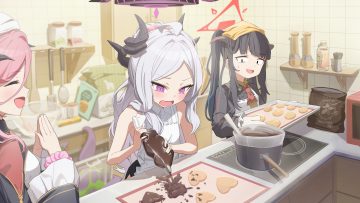 aikiyo fuuka apple pie apron black eyes black hair blue archive blush chocolate fang food gray hair halo headdress horns long hair pink hair ponytail purple eyes shirt skirt sorasaki hina twintails ushimaki juri wristwear