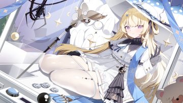 blonde hair blush bow dress gloves hat long hair pantyhose phoebe (wuthering waves) purple eyes staff undressing wuthering waves yesheeng de ling che zi