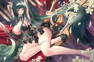 astra yao bow breasts cleavage dress flowers garter green hair hanh chu headband long hair petals red eyes zenless zone zero