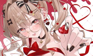 blush bow breasts brown hair candy chocolate close collar glasses heart long hair mirea original red eyes ribbons twintails valentine watermark