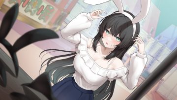 animal ears black hair blush breasts bunny ears cleavage erbium green eyes headband long hair original skirt