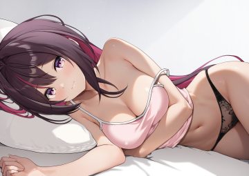 azki (hololive) bed blush breast hold breasts brown hair cleavage close hololive long hair navel no bra otokucha panties pubic hair purple eyes purple hair underwear