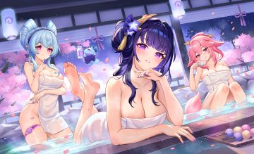 animal ears aqua hair barefoot blush braids breasts cherry blossoms cleavage clouds drink flowers food foxgirl genshin impact headband lalazyt long hair onsen petals pink hair pointed ears purple eyes purple hair raiden shogun sky tail towel tree water wet yae miko yumemizuki mizuki