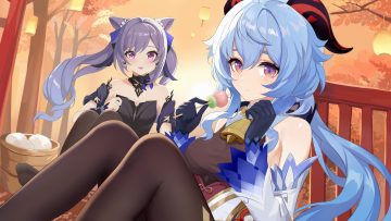 2girls bell blue hair breasts cleavage fangai-anmian food ganyu (genshin impact) genshin impact gloves horns keqing (genshin impact) long hair pantyhose ponytail purple eyes purple hair red eyes tree twintails wristwear
