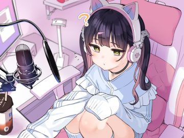 animal ears black hair blush choker computer drink green eyes headphones kneehighs loli long hair mankai kaika microphone original sketch twintails