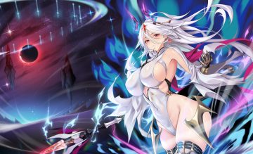 breasts epic7 gloves horns leotard long hair luna (epic7) mad kimo magic red eyes skintight spear tail thighhighs weapon white hair