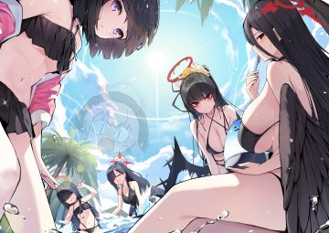 bikini black hair blue archive blush breasts choker cleavage clouds ddangbi food group halo hanekawa hasumi hat justice committee club member (blue archive) kenzaki tsurugi loli long hair nakamasa ichika navel pink hair ponytail purple eyes red eyes shimoe koharu shizuyama mashiro short hair skirt sky swimsuit tree twintails underboob water wet wings