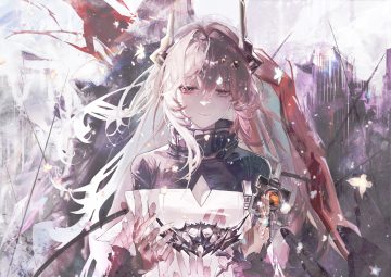 arknights breasts butterfly cleavage crown crying flowers horns jin sumire long hair male pink eyes pink hair short hair tears theresa (arknights) theresis (arknights)