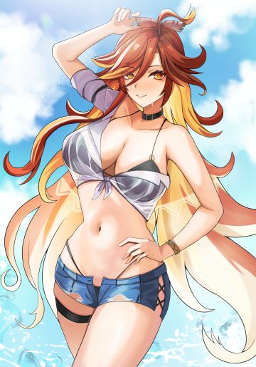 sevenninet47503 genshin impact mavuika bikini garter megane open shirt see through swimsuits torn clothes