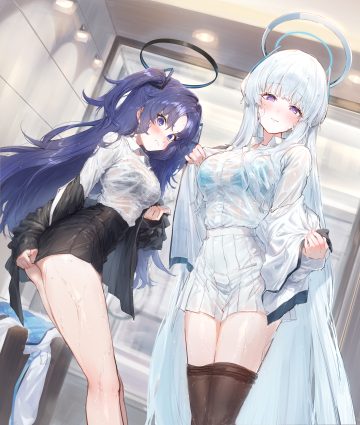 eshineko blue archive hayase yuuka ushio noa bra halo lingerie pantyhose see through seifuku undressing wet wet clothes