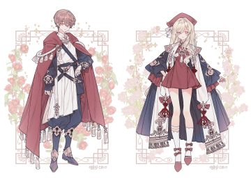 armor blonde hair bow brown eyes brown hair cape dress flowers headdress hood kneehighs lemon89h long hair male original short hair signed white yellow eyes