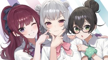 black hair blush bow cat smile cevio close glasses gray hair green eyes hanakuma chifuyu hug koharu rikka long hair natsuki karin ponytail purple eyes red hair school uniform shirt short hair wink wristwear yappen