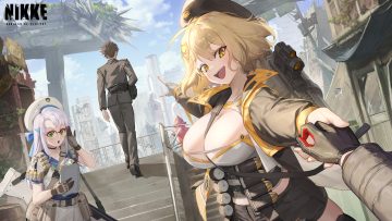 anis (nikke) blonde hair blush bow breasts brown hair building choker city cleavage clouds commander (nikke) f.k (hs225kr) glasses gloves goddess of victory: nikke green eyes group gun hat logo long hair male military neon (nikke) rapi (nikke) ruins school uniform short hair shorts skirt sky stairs weapon white hair yellow eyes