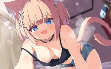 aliasing animal ears blonde hair blush breasts catgirl cat smile close heart navel no bra panties shiro9jira short hair shorts tail underwear