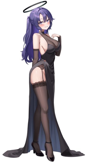 rianya07 blue archive hayase yuuka dress garter belt halo heels no bra nopan see through stockings thighhighs