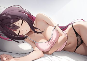 azki (hololive) bed blush breast hold breasts brown hair cleavage close hololive long hair navel no bra otokucha panties pubic hair purple hair underwear