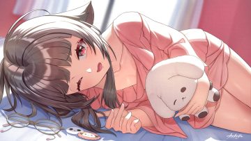 animal ears arpeggio kaga bed brown hair close doll glasses pajamas pink eyes signed tagme (character) tears wink