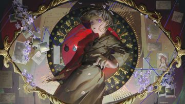 deemo echo (deemo) flowers gray hair heikokuru1224 necklace paper petals purple eyes short hair watermark