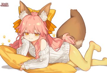 animal ears blush bow braids ebora fate/samurai remnant foxgirl loli long hair pantyhose pink hair signed tail tamamo aria (fate) tamamo no mae (fate) white yellow eyes