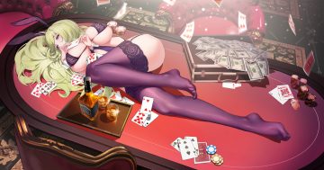 animal ears anthropomorphism azur lane blush bra breast hold breasts bunny ears drink garter belt green hair long hair napoli (azur lane) purple eyes shiran1024 stockings underwear wristwear