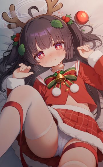 kohaku rinne blue archive kasumizawa miyu cameltoe christmas halo horns loli pantsu skirt lift thighhighs