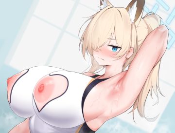 animal ears aqua eyes blonde hair blue archive blush close doggirl halo kkkweenie long hair nipples ogata kanna ponytail skintight swimsuit wet