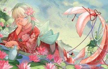 animal bandaid bird blue eyes clouds drink drums fish flowers green hair instrument japanese clothes kimono leaves mermaid mocha (osu!) osu! (game) partyu sake signed sky sleeping taiko no tatsujin wada don water wink