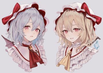 2girls blonde hair bow dtvisu flandre scarlet gray gray hair hat ponytail red eyes remilia scarlet short hair touhou vampire wings