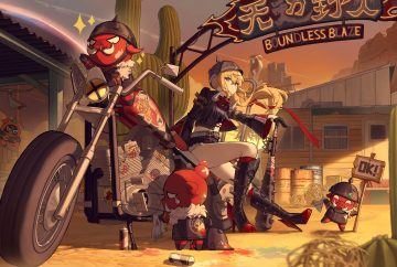 baseball bat blonde hair boots building clouds gloves graffiti hat kneehighs long hair luciana de montefio mask motorcycle ponytail red eyes shorts sky sunset tem tree weapon zenless zone zero