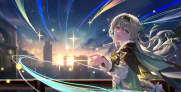 building city clouds dress firefly (honkai: star rail) gloves gray hair headband honkai (series) honkai: star rail long hair pink eyes sky stars takubon