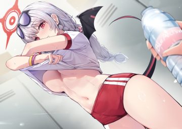 bloomers blue archive braids breasts ddangbi drink gray hair gym uniform halo kurodate haruna long hair no bra ponytail red eyes shirt lift sunglasses tail wet wings wristwear