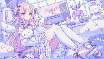 blush braids computer dress drink game console headphones lolita fashion long hair original pink hair purple purple eyes suzaku (zaku6584) teddy bear thighhighs wings