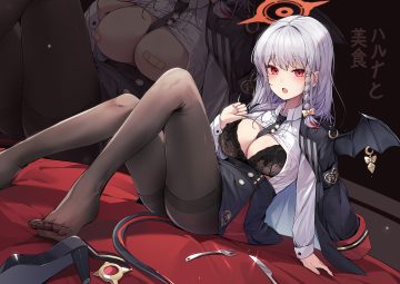 bandaid blue archive bra braids breasts cape cleavage ddangbi gray hair halo kurodate haruna long hair military open shirt pantyhose red eyes shirt skirt tail tie underwear uniform wings zoom layer