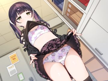 black hair bow bra cameltoe collar flat chest green eyes hood loli long hair mankai kaika original panties ribbons shirt lift sketch skirt skirt lift thighhighs twintails underwear