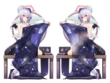 aliasing blue archive braids breast hold breasts ddangbi gray hair halo japanese clothes kimono kurodate haruna navel nude red eyes see through socks tail tree white wings