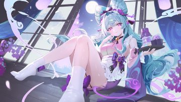 apron aqua hair bell choker clouds drink flowers food genshin impact haruri headdress japanese clothes kimono lolita fashion long hair moon night petals pointed ears purple eyes signed sky socks tail yumemizuki mizuki
