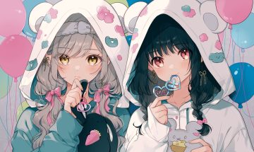 2girls animal ears black hair blush bow close futaribeya gray hair headband hood kawawa sakurako long hair red eyes ribbons twintails yamabuki kasumi yellow eyes yukiko (tesseract)